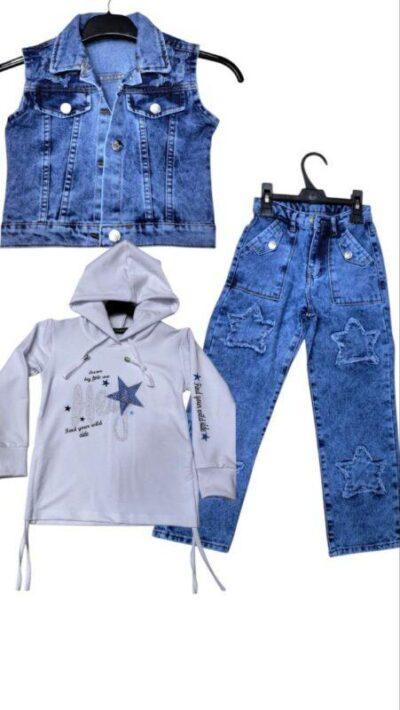 Ensemble 3 Pièces Fille – Pantalon Jean, Gilet et Sweat à Capuche