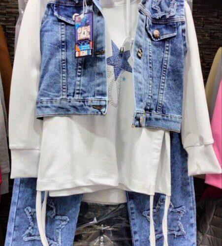 Ensemble 3 Pièces Fille – Pantalon Jean, Gilet et Sweat à Capuche