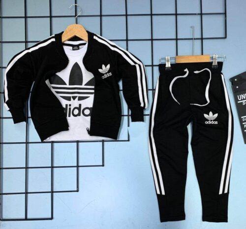 Enfant portant un survêtement 3 pièces Adidas rouge ou noir – T-shirt, veste et pantalon – Disponible de 4 à 14 ans