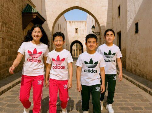 Enfant portant un survêtement 3 pièces Adidas rouge ou noir – T-shirt, veste et pantalon